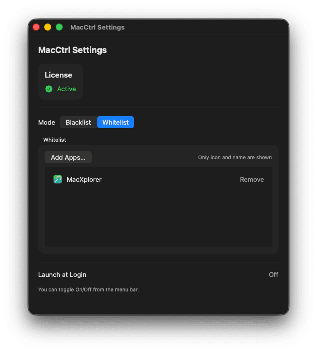 Settings — whitelist mode with per-app rules