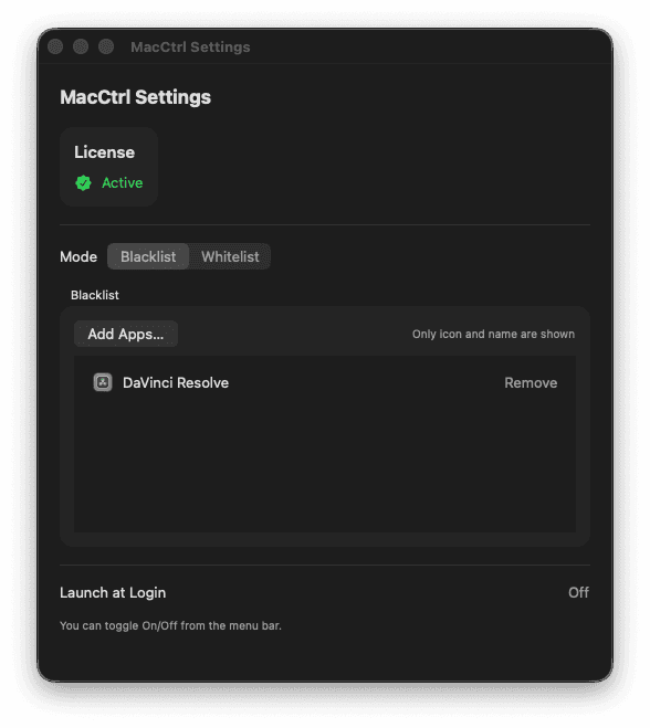Settings — blacklist mode with per-app rules